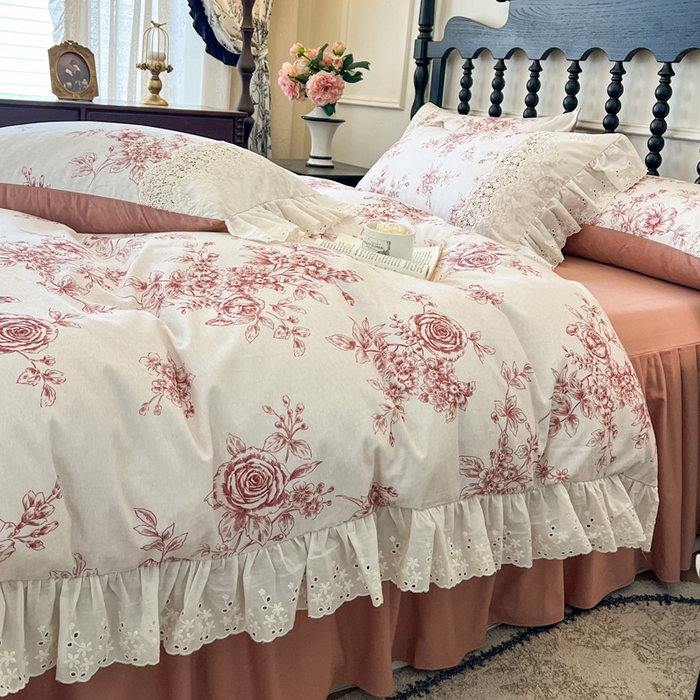 91家纺网 家纺一手货源 找家纺 （总）好儿喜家纺 2026新款纯棉磨毛法式花边床裙四件套-秘密花园