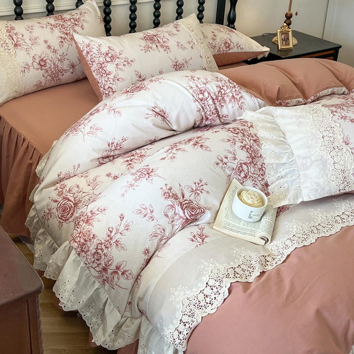 91家纺网 家纺一手货源 找家纺 （总）好儿喜家纺 2026新款纯棉磨毛法式花边床裙四件套-秘密花园