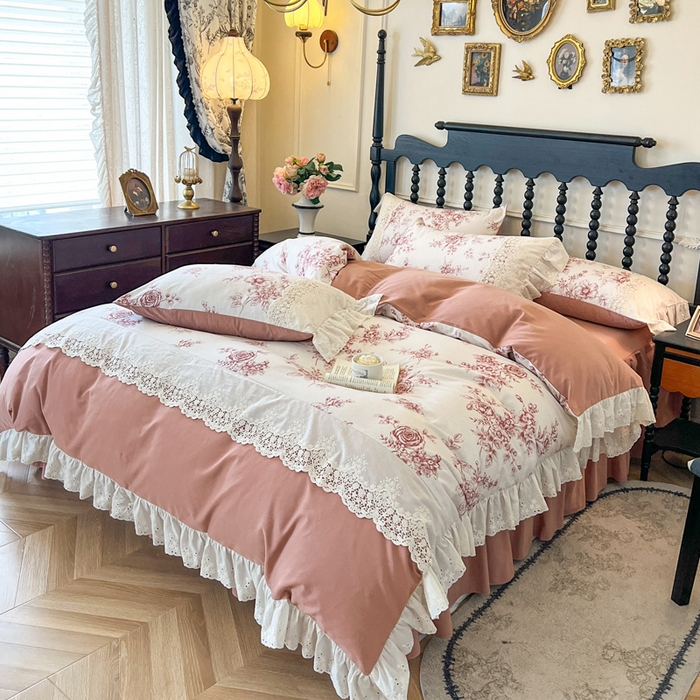 91家纺网 家纺一手货源 找家纺 （总）好儿喜家纺 2026新款纯棉磨毛法式花边床裙四件套-秘密花园