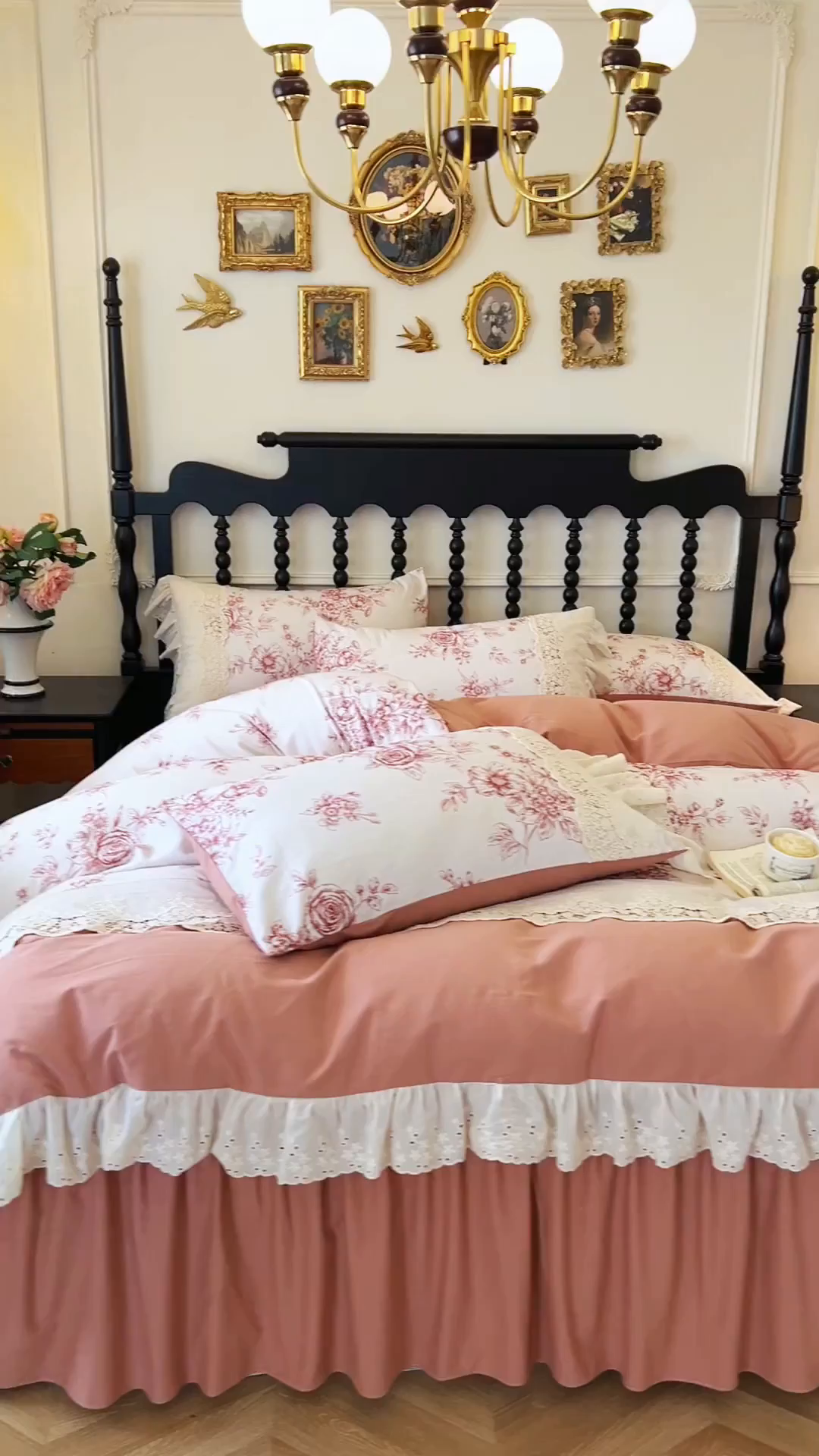 91家纺网 家纺一手货源 找家纺 （总）好儿喜家纺 2026新款纯棉磨毛法式花边床裙四件套-秘密花园