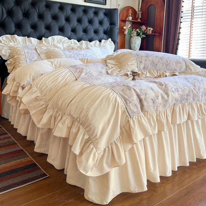 91家纺网 家纺一手货源 找家纺 （总）好儿喜家纺 2026新款棉麻纯棉法式花边床裙四件套-梦镜