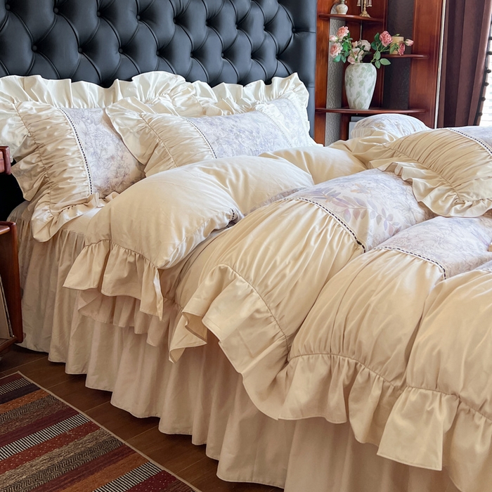 91家纺网 家纺一手货源 找家纺 （总）好儿喜家纺 2026新款棉麻纯棉法式花边床裙四件套-梦镜