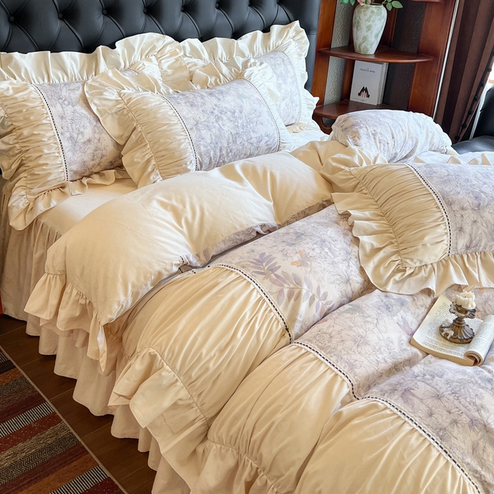 91家纺网 家纺一手货源 找家纺 （总）好儿喜家纺 2026新款棉麻纯棉法式花边床裙四件套-梦镜