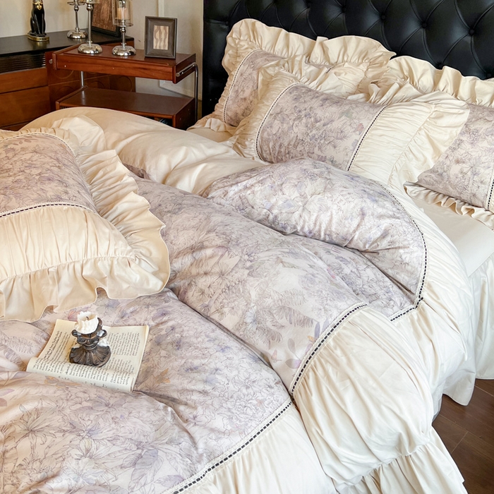 91家纺网 家纺一手货源 找家纺 （总）好儿喜家纺 2026新款棉麻纯棉法式花边床裙四件套-梦镜