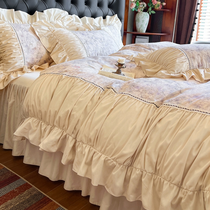 91家纺网 家纺一手货源 找家纺 （总）好儿喜家纺 2026新款棉麻纯棉法式花边床裙四件套-梦镜