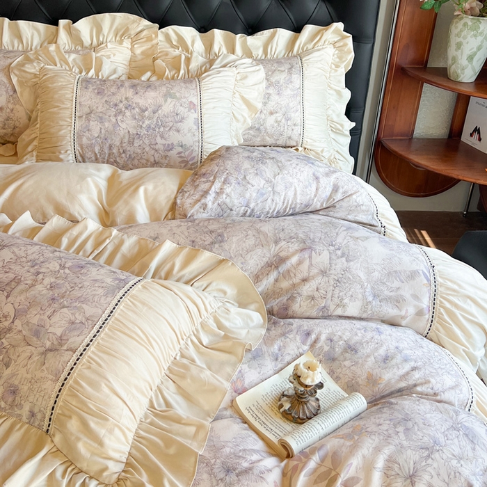 91家纺网 家纺一手货源 找家纺 （总）好儿喜家纺 2026新款棉麻纯棉法式花边床裙四件套-梦镜