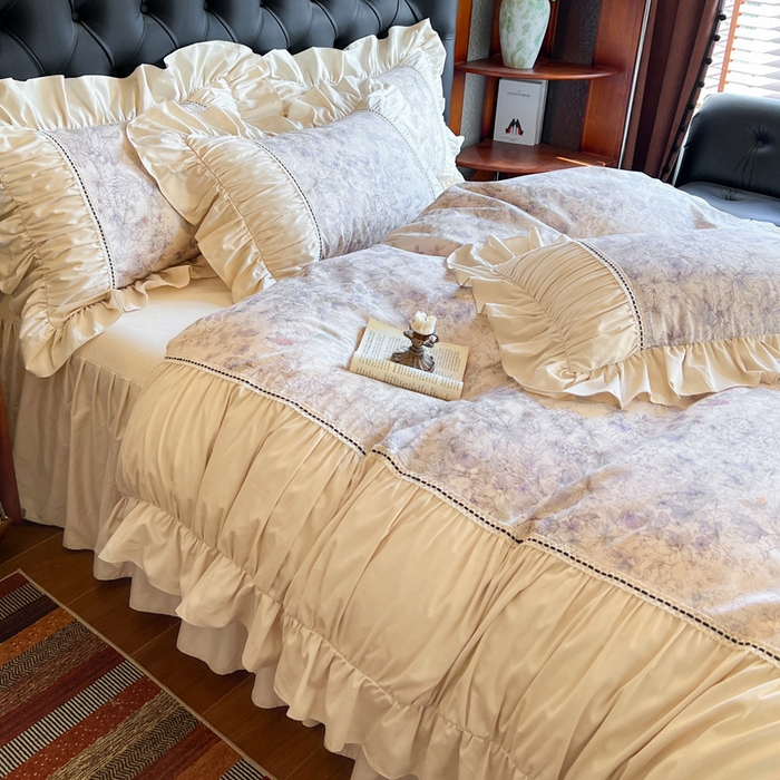 91家纺网 家纺一手货源 找家纺 （总）好儿喜家纺 2026新款棉麻纯棉法式花边床裙四件套-梦镜