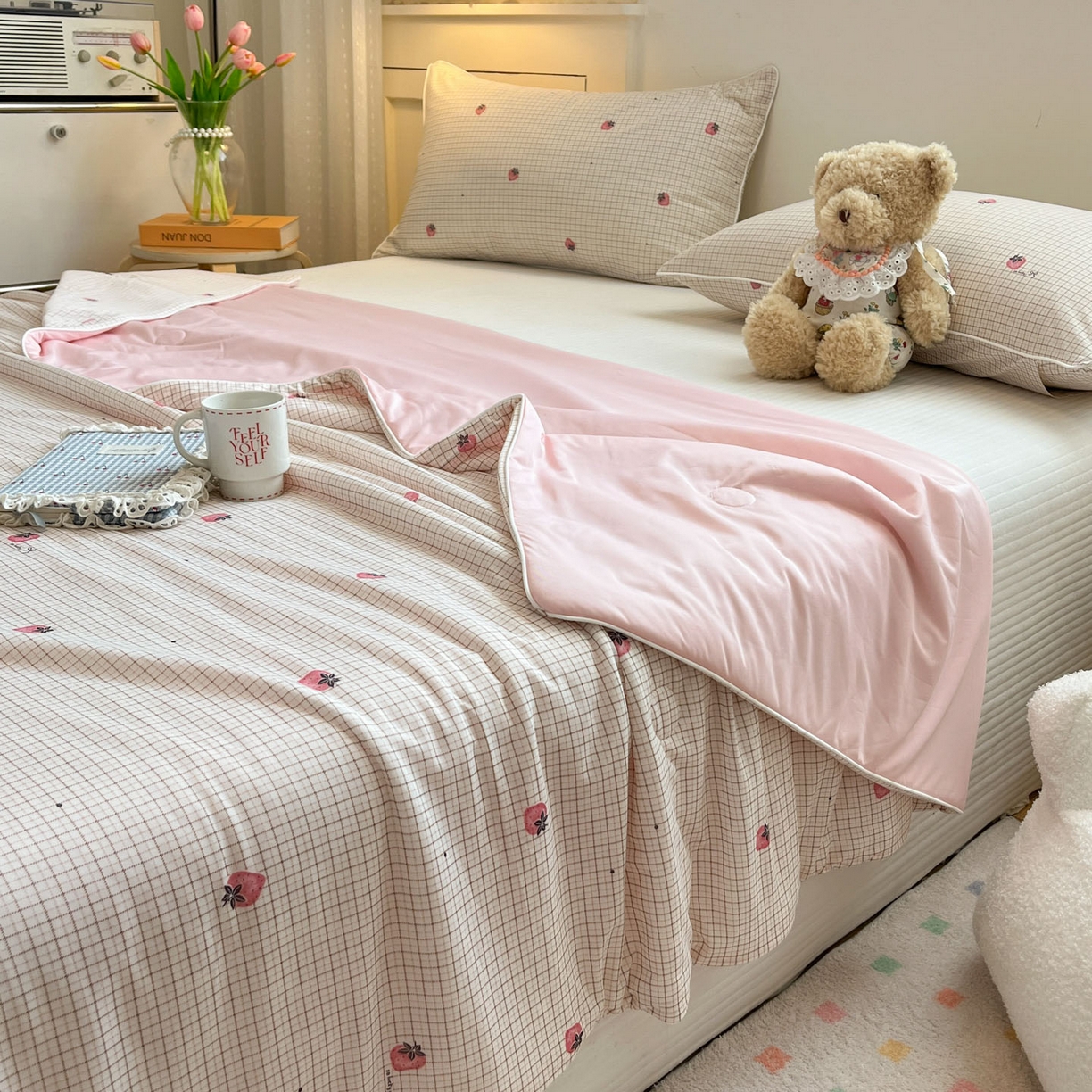 91家纺网 家纺一手货源 找家纺 羚羊语家纺 2026新款凉感丝印花夏凉被小冰皮空调被冰淇淋西瓜被针织棉夏被冰丝云母凉感被 格仔甜莓