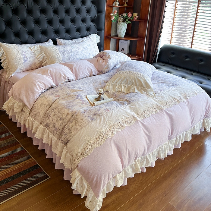 91家纺网 家纺一手货源 找家纺 （总）好儿喜家纺 2026新款纯棉棉麻花边四件套-雅韵