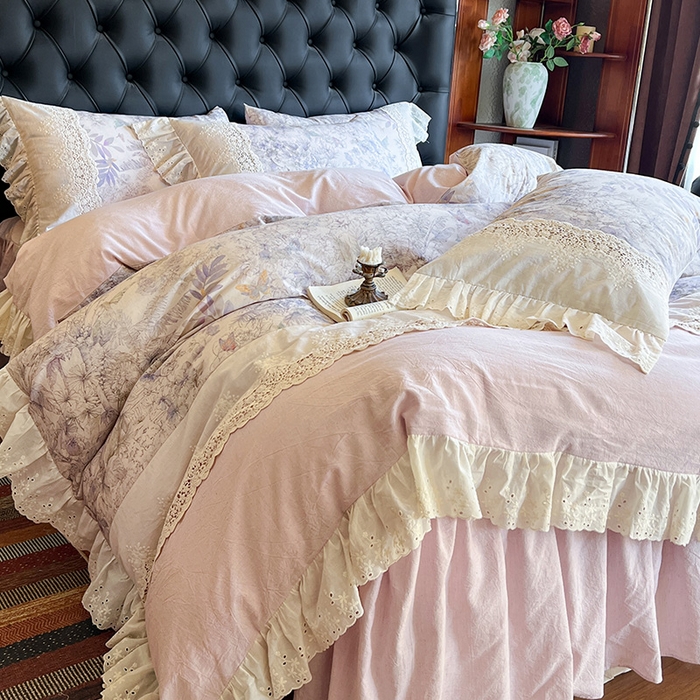 91家纺网 家纺一手货源 找家纺 （总）好儿喜家纺 2026新款纯棉棉麻花边四件套-雅韵