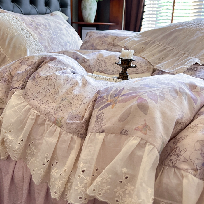 91家纺网 家纺一手货源 找家纺 （总）好儿喜家纺 2026新款纯棉棉麻花边四件套-雅韵