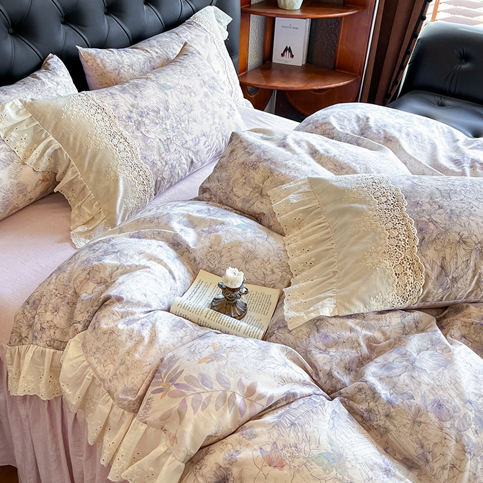 91家纺网 家纺一手货源 找家纺 （总）好儿喜家纺 2026新款纯棉棉麻花边四件套-雅韵