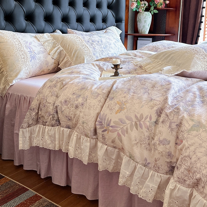 91家纺网 家纺一手货源 找家纺 （总）好儿喜家纺 2026新款纯棉棉麻花边四件套-雅韵