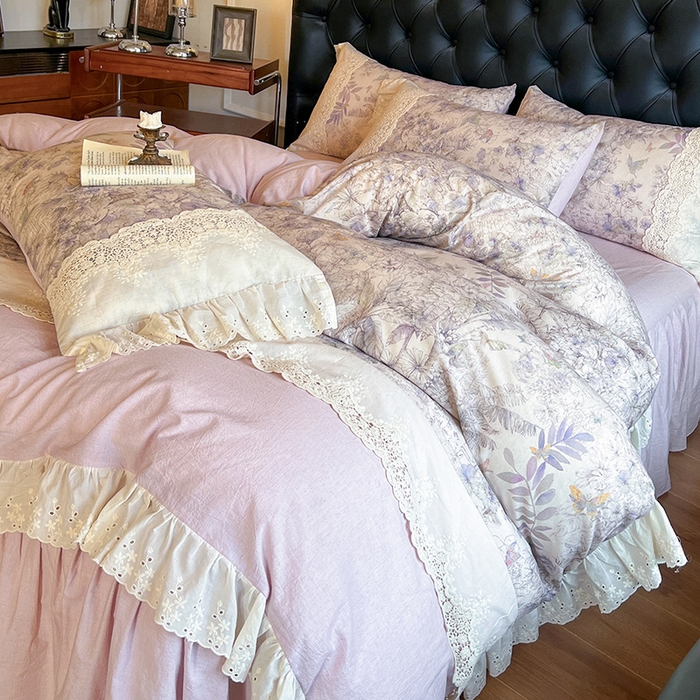 91家纺网 家纺一手货源 找家纺 （总）好儿喜家纺 2026新款纯棉棉麻花边四件套-雅韵