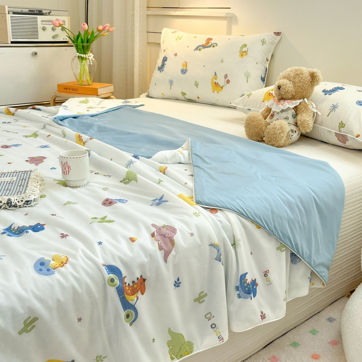 91家纺网 家纺一手货源 找家纺 羚羊语家纺 2026新款凉感丝印花夏凉被小冰皮空调被冰淇淋西瓜被针织棉夏被冰丝云母凉感被 恐龙乐园