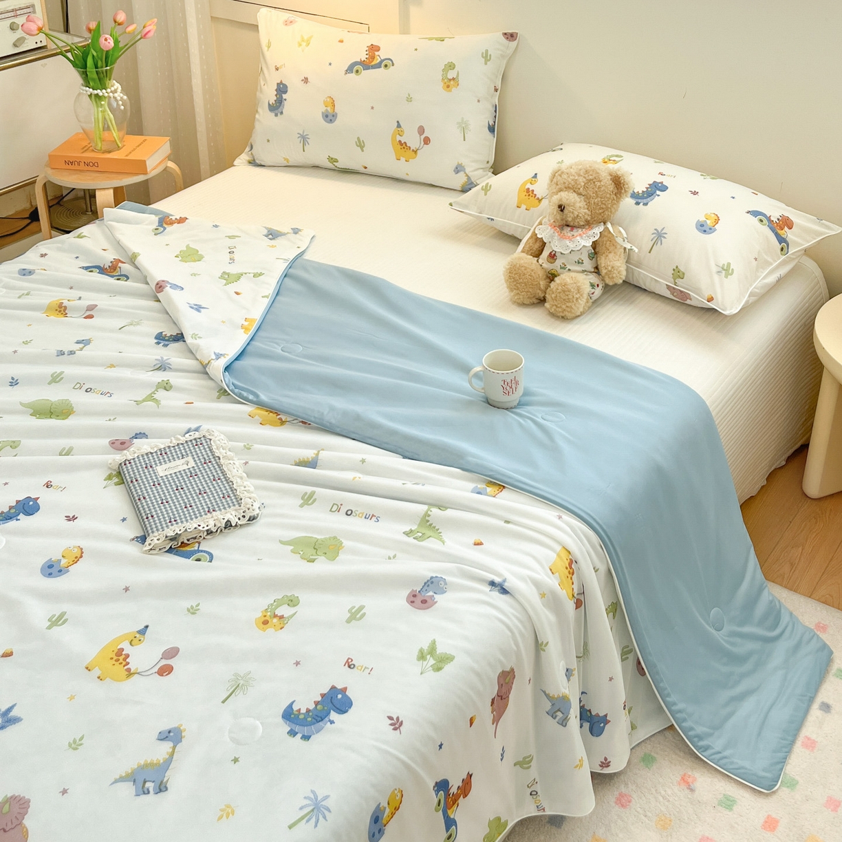 91家纺网 家纺一手货源 找家纺 羚羊语家纺 2026新款凉感丝印花夏凉被小冰皮空调被冰淇淋西瓜被针织棉夏被冰丝云母凉感被 恐龙乐园