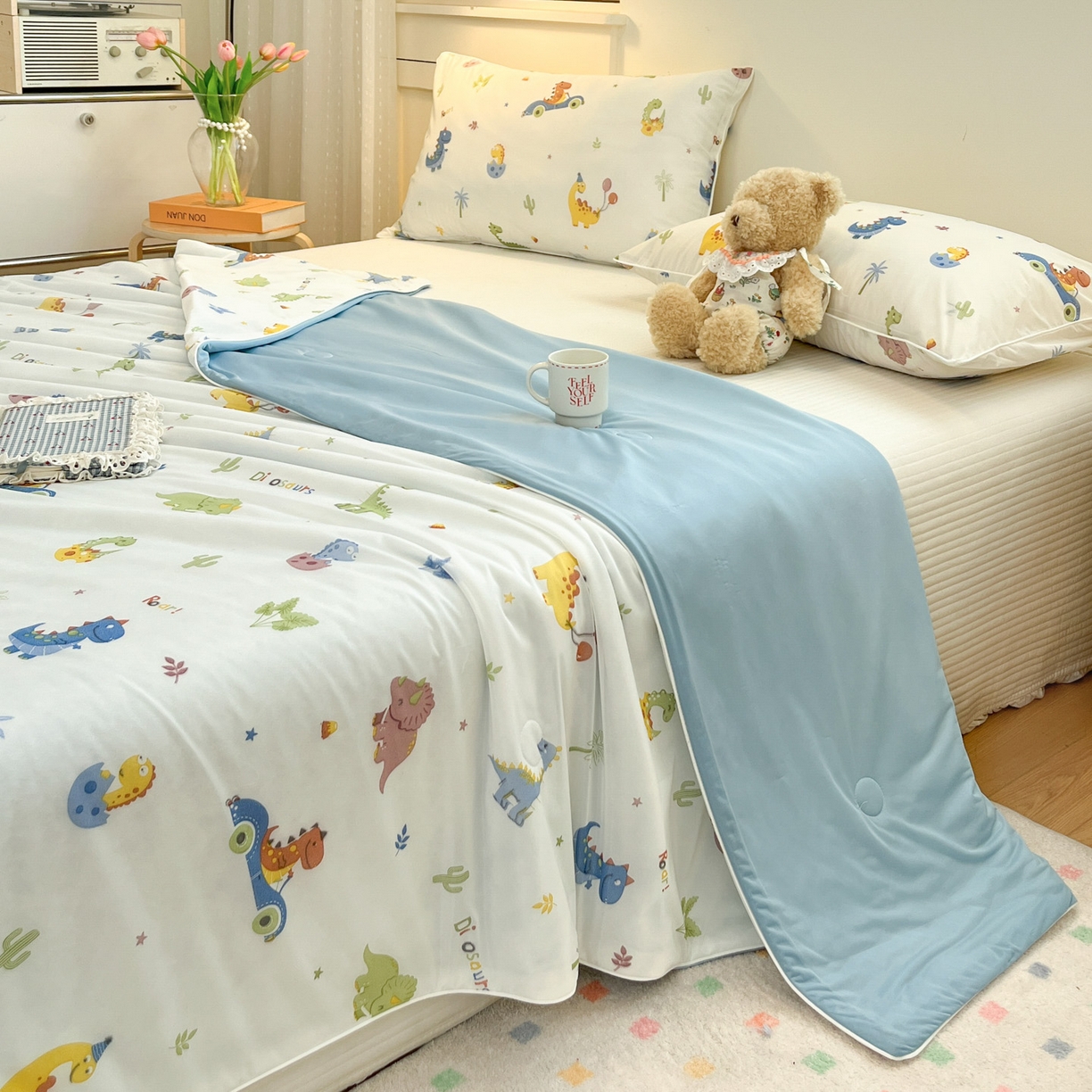 91家纺网 家纺一手货源 找家纺 羚羊语家纺 2026新款凉感丝印花夏凉被小冰皮空调被冰淇淋西瓜被针织棉夏被冰丝云母凉感被 恐龙乐园