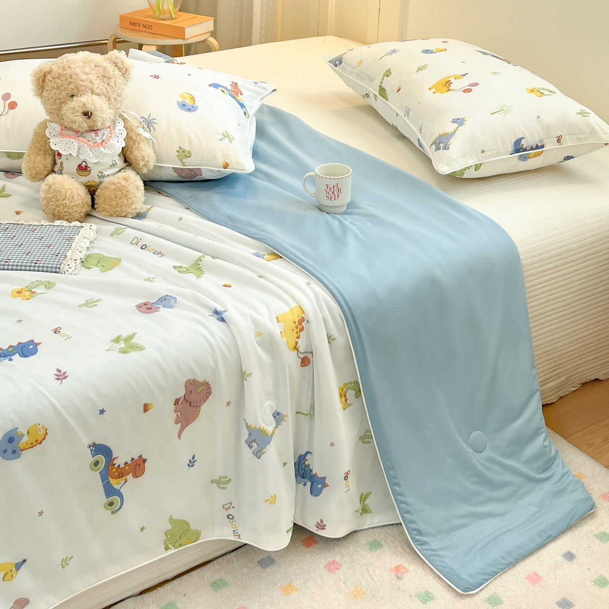 91家纺网 家纺一手货源 找家纺 羚羊语家纺 2026新款凉感丝印花夏凉被小冰皮空调被冰淇淋西瓜被针织棉夏被冰丝云母凉感被 恐龙乐园