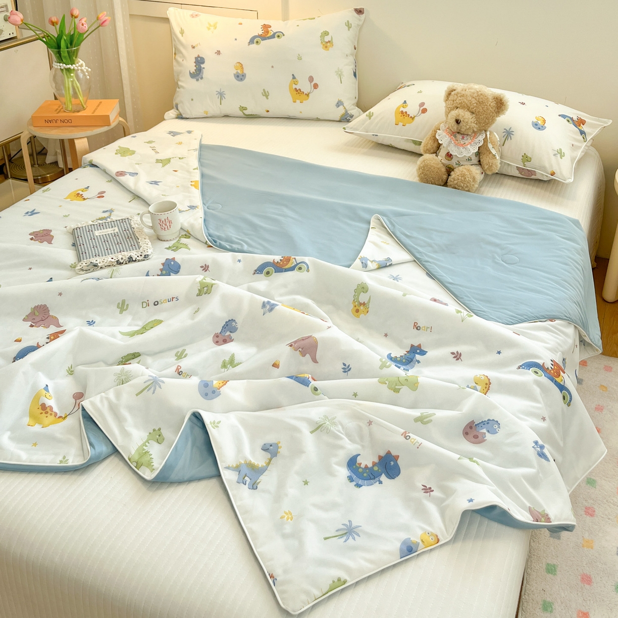 91家纺网 家纺一手货源 找家纺 羚羊语家纺 2026新款凉感丝印花夏凉被小冰皮空调被冰淇淋西瓜被针织棉夏被冰丝云母凉感被 恐龙乐园