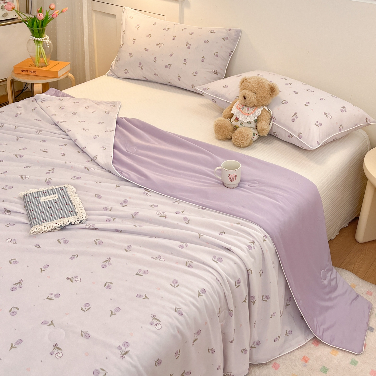 91家纺网 家纺一手货源 找家纺 羚羊语家纺 2026新款凉感丝印花夏凉被小冰皮空调被冰淇淋西瓜被针织棉夏被冰丝云母凉感被 郁金香紫