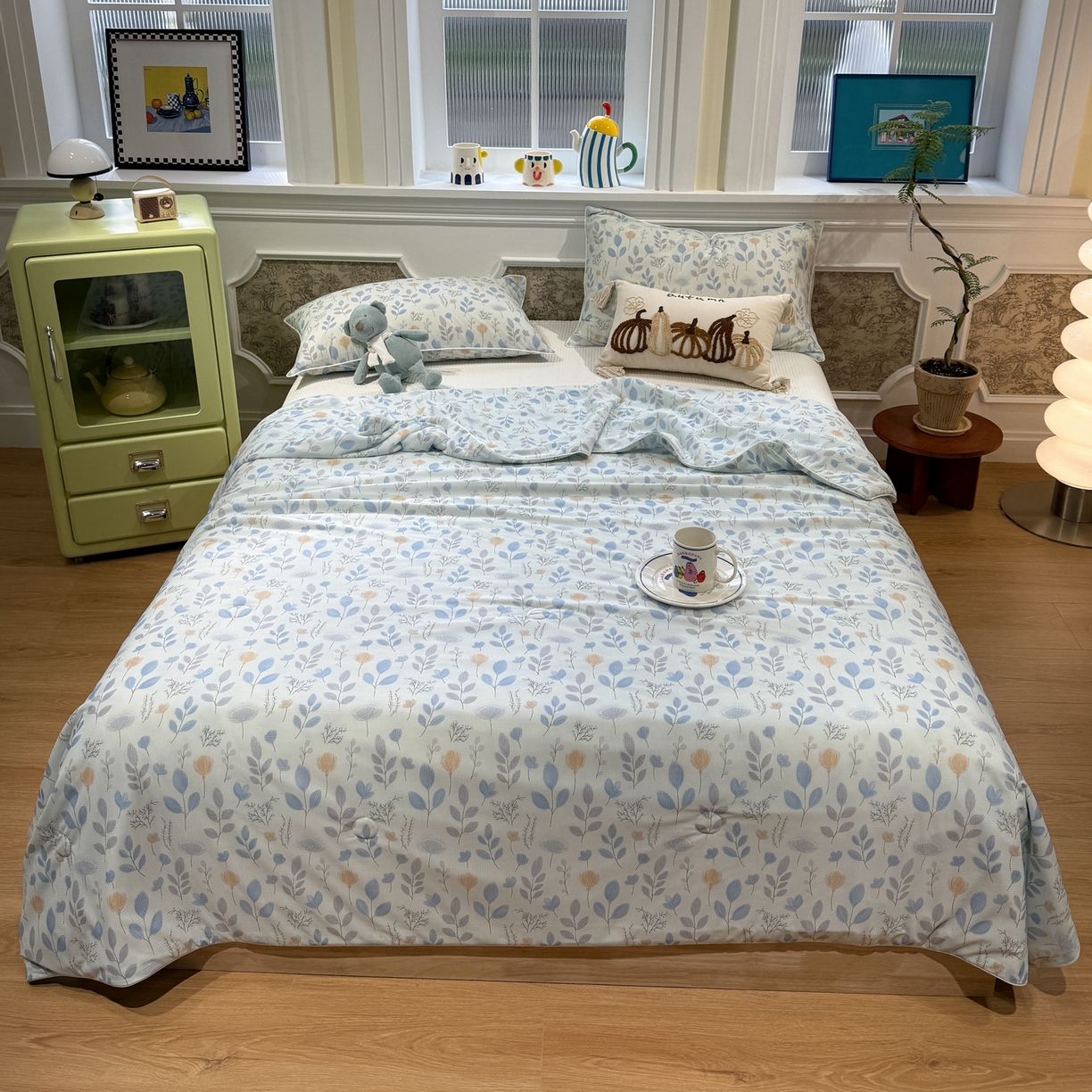 91家纺网 家纺一手货源 找家纺 羚羊语家纺 2026新款凉感丝提花夏凉被（含氨）印花冰淇淋空调被针织棉被夏被冰丝云母凉感西瓜被子被芯 浅夏