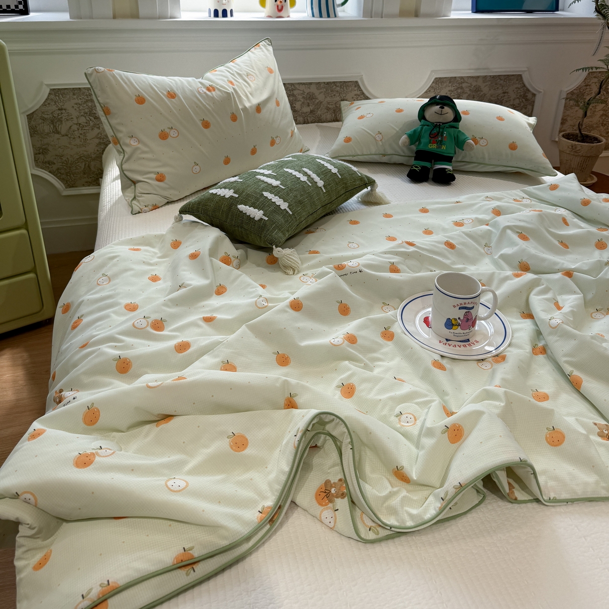 91家纺网 家纺一手货源 找家纺 羚羊语家纺 2026新款凉感丝提花夏凉被（含氨）印花冰淇淋空调被针织棉被夏被冰丝云母凉感西瓜被子被芯 甜橘梦语