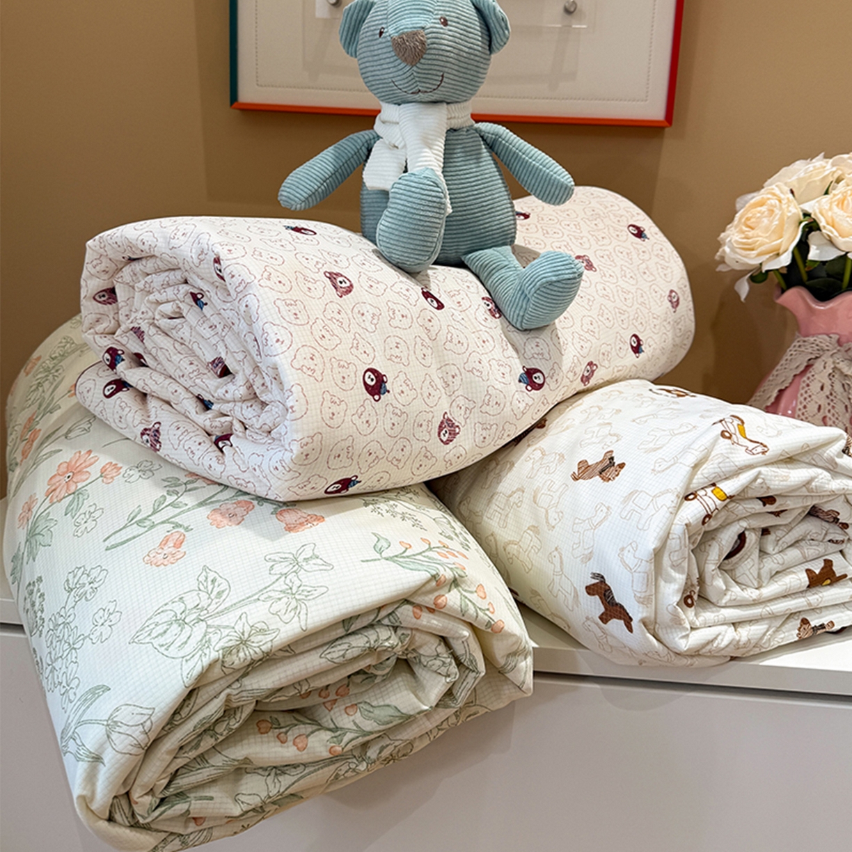 91家纺网 家纺一手货源 找家纺 羚羊语家纺 2026新款凉感丝提花夏凉被（含氨）印花冰淇淋空调被针织棉被夏被冰丝云母凉感西瓜被子被芯 组合图