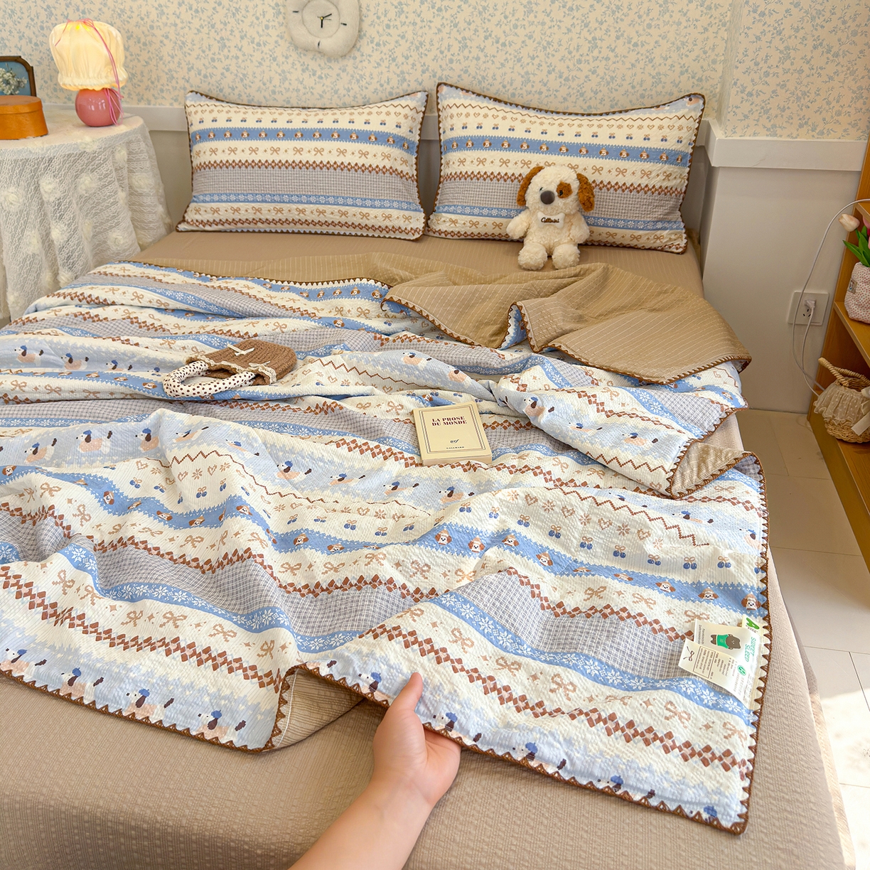 赫梵茜 2026新款泡芙双层纱三角绣夏被四件套 费尔岛