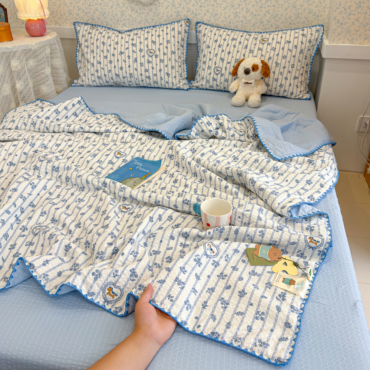 赫梵茜 2026新款泡芙双层纱三角绣夏被四件套 青花瓷