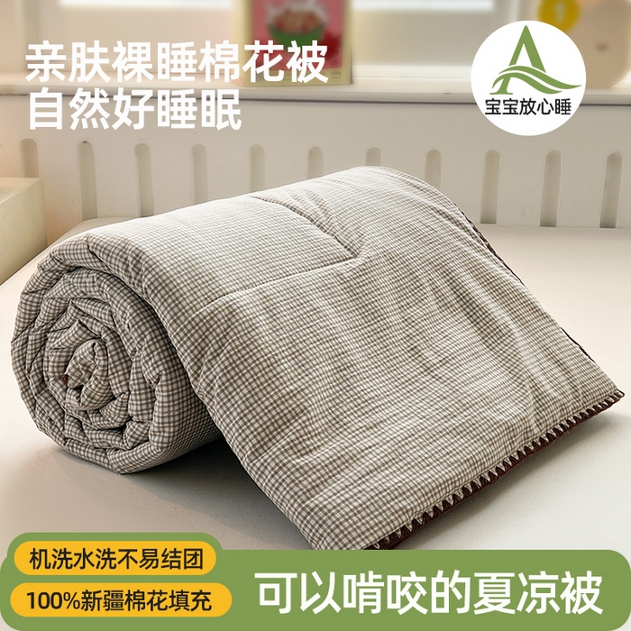 阳光被业 2026新款100%纯棉色织绣边100%棉花夏被全棉夏凉被空调春秋被买家秀+V 格格--灰