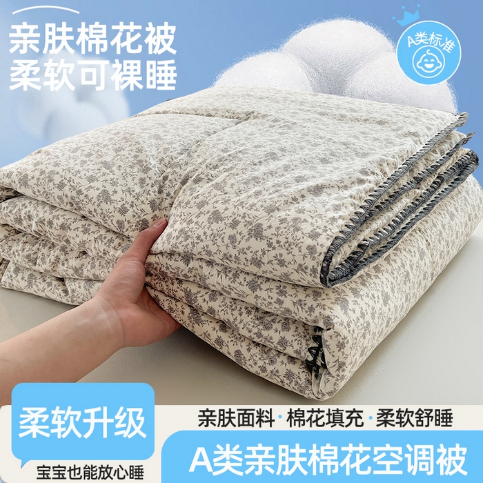 锦尚坊被芯馆 2026新款100%棉花双层纱夏被新疆棉花空调被可机洗夏凉被绣边踩棉工艺 花海--灰