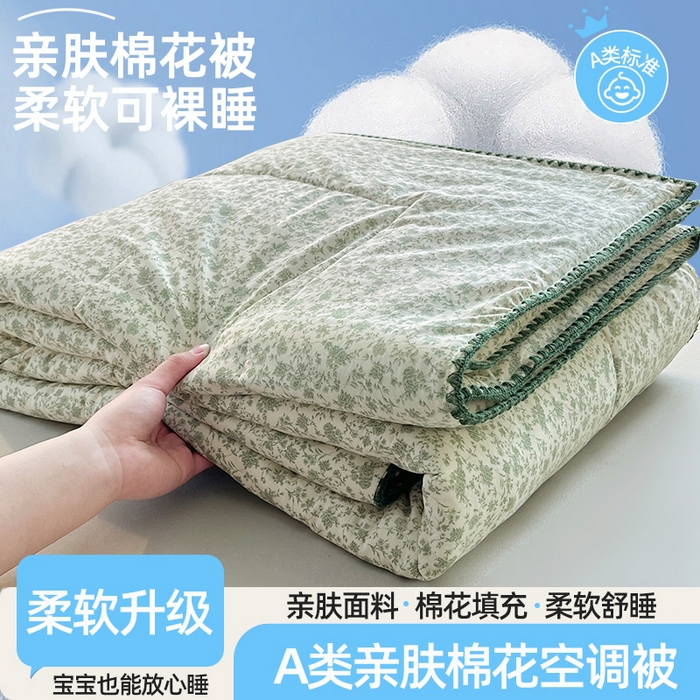 锦尚坊被芯馆 2026新款100%棉花双层纱夏被新疆棉花空调被可机洗夏凉被绣边踩棉工艺 花海--绿