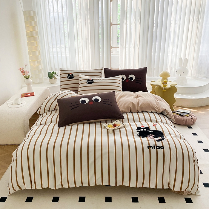 91家纺网 家纺一手货源 找家纺 眷恋家纺 2026新款多巴胺水洗棉毛巾绣四件套 猫咪-焦糖咖