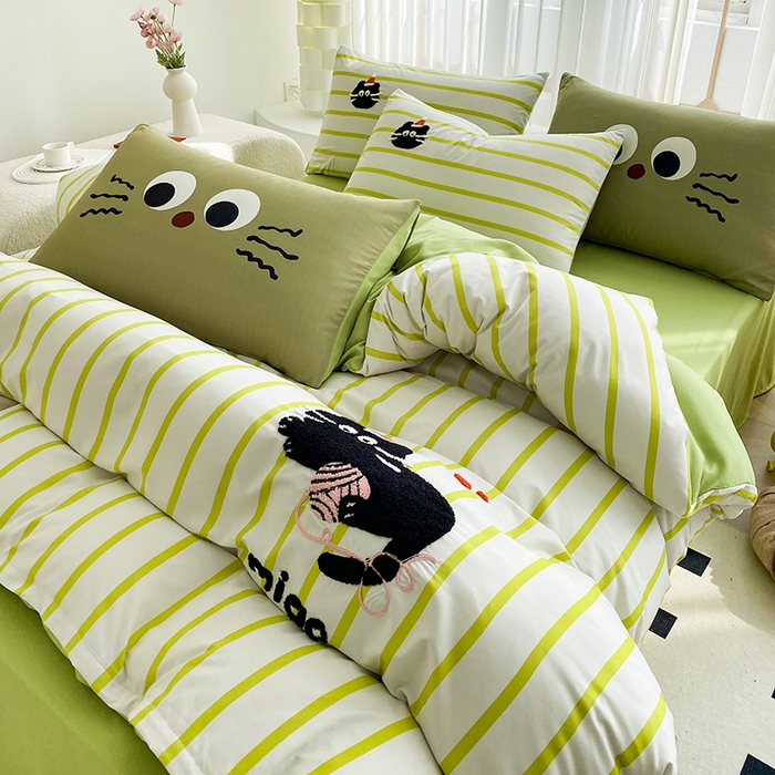 91家纺网 家纺一手货源 找家纺 眷恋家纺 2026新款多巴胺水洗棉毛巾绣四件套 猫咪-果绿