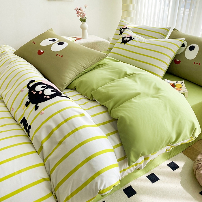 91家纺网 家纺一手货源 找家纺 眷恋家纺 2026新款多巴胺水洗棉毛巾绣四件套 煤球-果绿