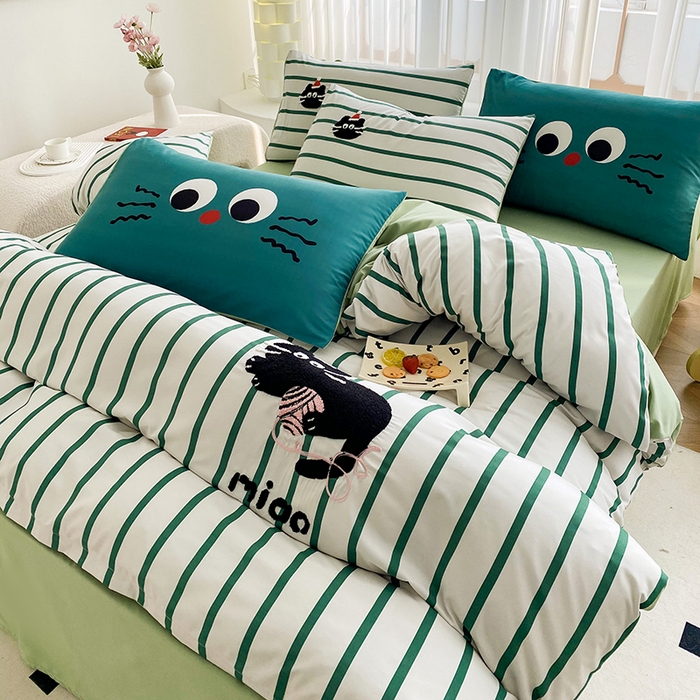 91家纺网 家纺一手货源 找家纺 眷恋家纺 2026新款多巴胺水洗棉毛巾绣四件套 猫咪-奶油绿