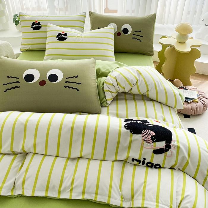 91家纺网 家纺一手货源 找家纺 眷恋家纺 2026新款多巴胺水洗棉毛巾绣四件套 猫咪-果绿