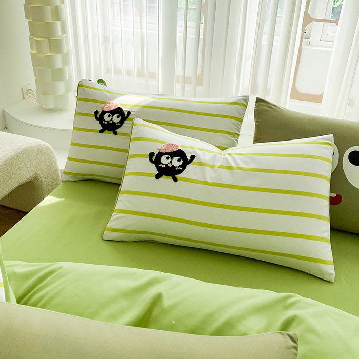 91家纺网 家纺一手货源 找家纺 眷恋家纺 2026新款多巴胺水洗棉毛巾绣四件套 煤球-果绿