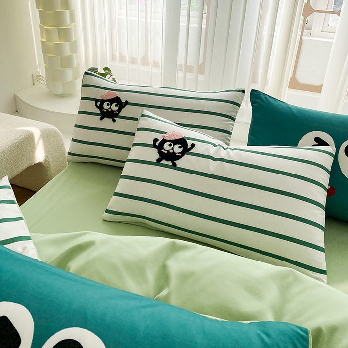 91家纺网 家纺一手货源 找家纺 眷恋家纺 2026新款多巴胺水洗棉毛巾绣四件套 煤球-奶油绿