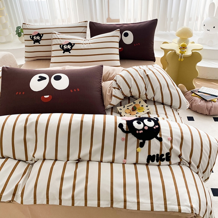 91家纺网 家纺一手货源 找家纺 眷恋家纺 2026新款多巴胺水洗棉毛巾绣四件套 煤球-焦糖咖