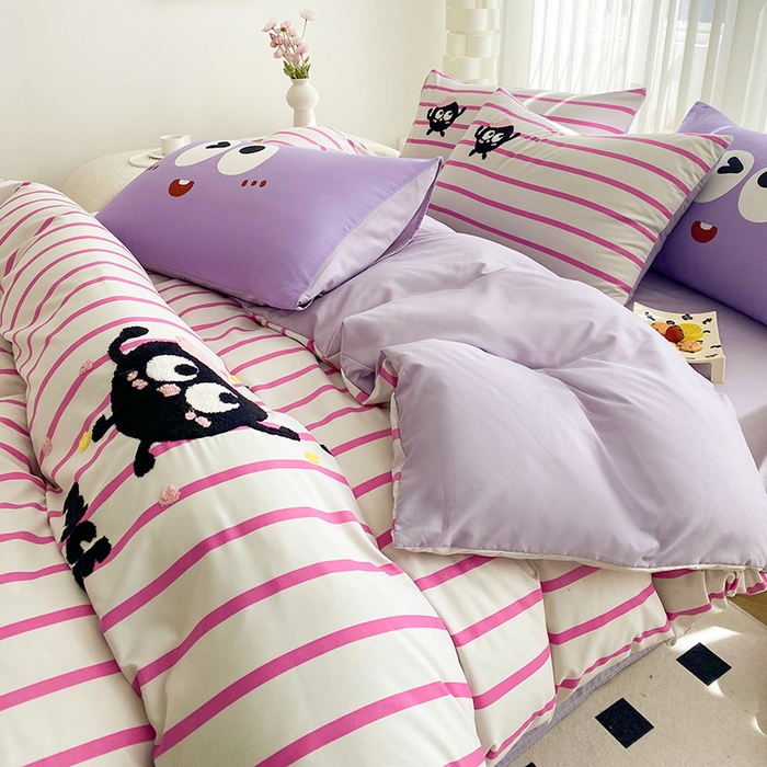 眷恋家纺 2026新款多巴胺水洗棉毛巾绣四件套 煤球-树莓粉