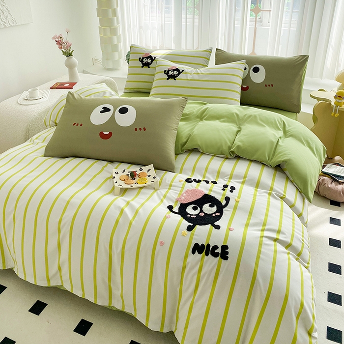 91家纺网 家纺一手货源 找家纺 眷恋家纺 2026新款多巴胺水洗棉毛巾绣四件套 煤球-果绿