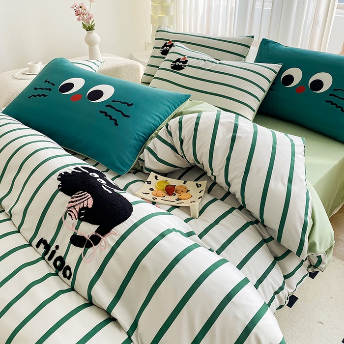 91家纺网 家纺一手货源 找家纺 眷恋家纺 2026新款多巴胺水洗棉毛巾绣四件套 猫咪-奶油绿