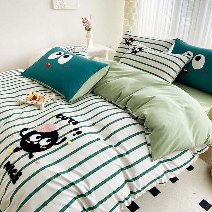 91家纺网 家纺一手货源 找家纺 眷恋家纺 2026新款多巴胺水洗棉毛巾绣四件套 煤球-奶油绿