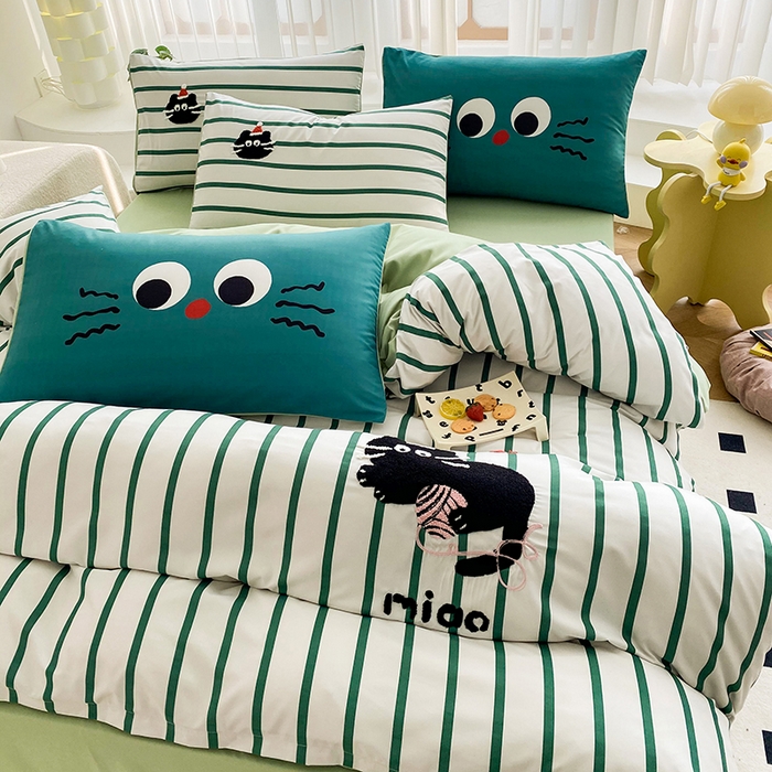 91家纺网 家纺一手货源 找家纺 眷恋家纺 2026新款多巴胺水洗棉毛巾绣四件套 猫咪-奶油绿