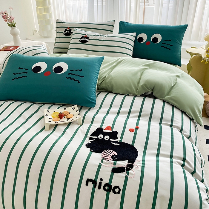 91家纺网 家纺一手货源 找家纺 眷恋家纺 2026新款多巴胺水洗棉毛巾绣四件套 猫咪-奶油绿