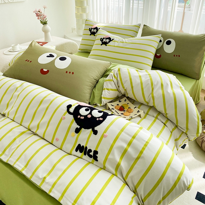 91家纺网 家纺一手货源 找家纺 眷恋家纺 2026新款多巴胺水洗棉毛巾绣四件套 煤球-果绿