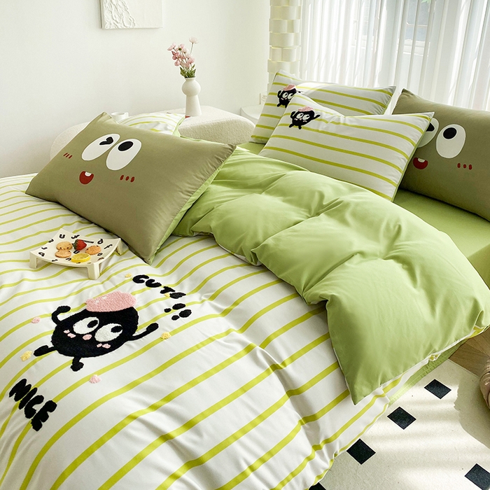 91家纺网 家纺一手货源 找家纺 眷恋家纺 2026新款多巴胺水洗棉毛巾绣四件套 煤球-果绿