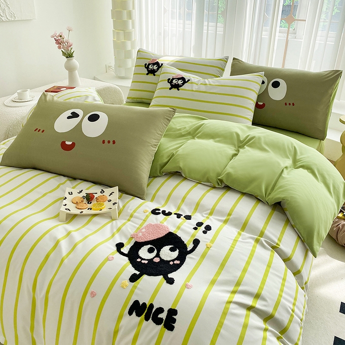 91家纺网 家纺一手货源 找家纺 眷恋家纺 2026新款多巴胺水洗棉毛巾绣四件套 煤球-果绿