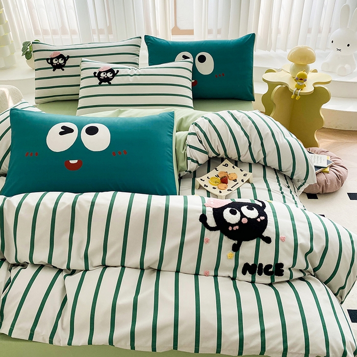 91家纺网 家纺一手货源 找家纺 眷恋家纺 2026新款多巴胺水洗棉毛巾绣四件套 煤球-奶油绿